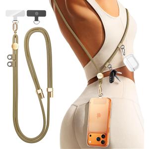 Manna Joy Phone Lanyard Crossbody with 2 Hanging Loops: Metal Buckle Adjustable Skin-Friendly Cell Phone Strap for iPhone Around,Hands-Free Universal Anti Theft Neck Lanyards For Outdoor Travel,Khaki