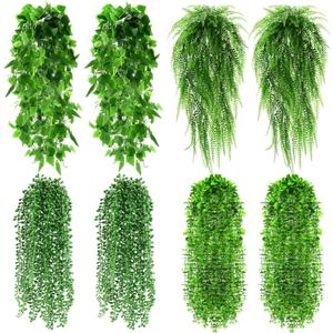 Daifunli 8 Pcs Artificial Hanging Plants Fake Hanging Ferns Plastic Faux Plants for Wall Room Garden Garland Indoor Outdoor Decor No Basket (Boston,Eucalyptus,Ivy Vine,String of Pearls)