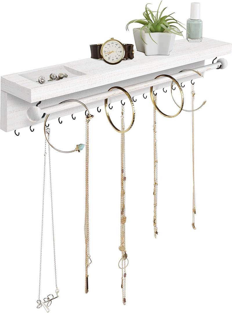 Rustic White Necklace Jewelry Organizer - Wall Mount Jewelry Holder - Mounted Hanging Jewelry Storage Hooks for Necklace, Earrings, and Rings - Farmhouse Wood Decor Bedroom Boho Shelf Rack (White)