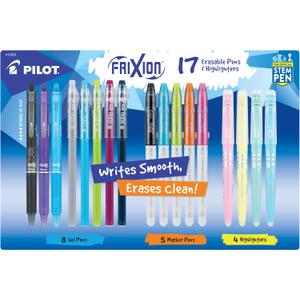 Pilot, FriXion Assorted Erasable Gel Ink Pens, Marker Pens & Highlighters, Pack of 17, Assorted Colors