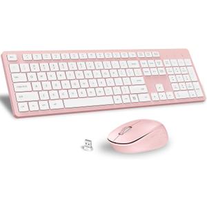 LeadsaiL Pink Wireless Keyboard and Mouse Combo, FullSized Ergonomic Computer Keyboard, 2.4GHz Cordless Keyboard Silent Mouse Set with 2in1 USB Receiver, 12 FN Shortcuts for Windows Laptop, PC/Mac