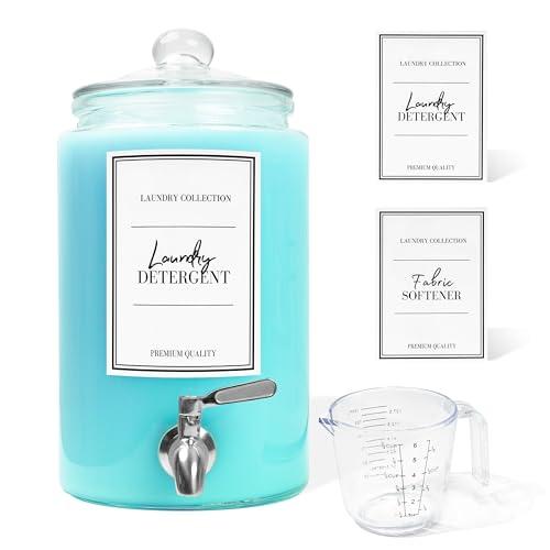 Large 1 Gallon Laundry Liquid Detergent Dispenser with Spigots and Measuring Cups, 4L Laundry Soap Holder Organizer for Fabric Softener, Soap, Glass Containers for Room Organization Storage (1 Pack)