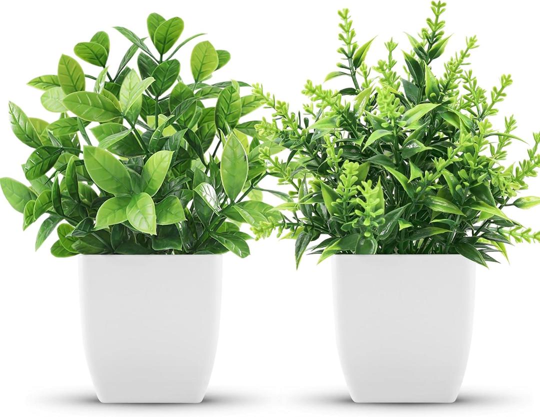Der Rose 2 Pack Fake Plants Small Faux Artificial Small Potted Plants Indoor for Room Home Office Farmhouse Bathroom Decor (White)
