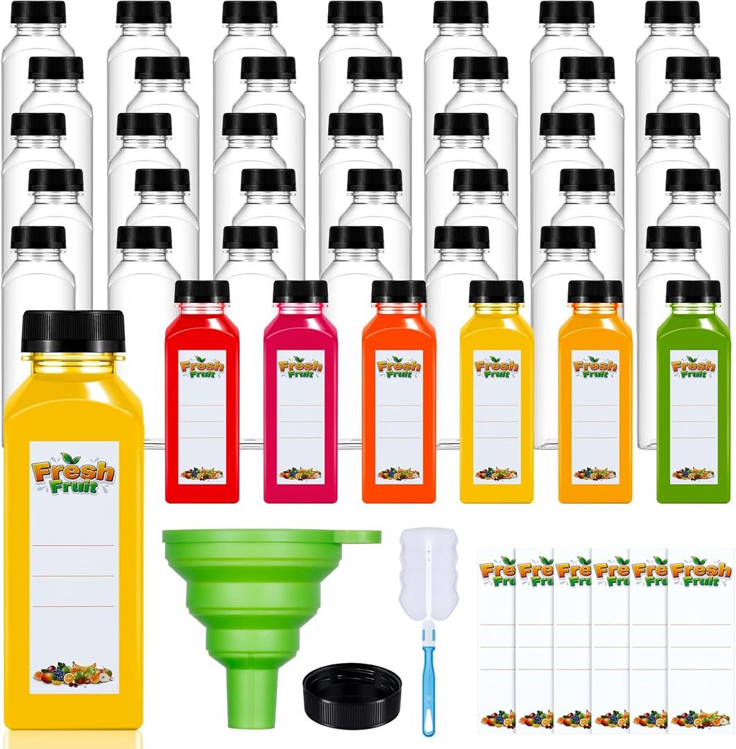42Pcs 16oz Plastic Juice Bottles with Caps, Clear Empty Reusable Juice Containers with Lids, Brush, Funnel and Labels for Drinking, Smoothie, Milk, Tea and Other Beverages