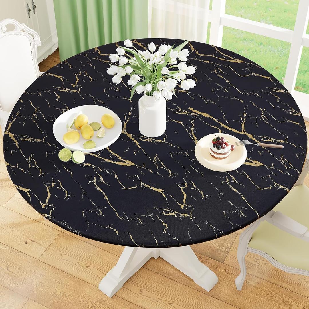 misaya Round Fitted Tablecloth with Elastic Edge, Waterproof Oil Proof Plastic Table Cover, Vinyl Flannel Backed Tablecloth Fits 45"-56" Round Tables for Dinner, Outdoor, Picnic, Black Gold Marble