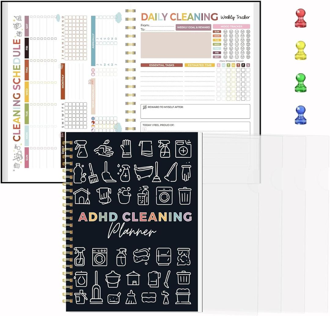 ADHD Cleaning Planner for Adults Women Reusable Laminated Deep Clean Checklists, Gentle Daily & Weekly Cleaning System, 100 GSM No-Bleed Paper, Waterproof PVC Cover, Spiral Bound Calendar Planner for Overwhelmed Homes