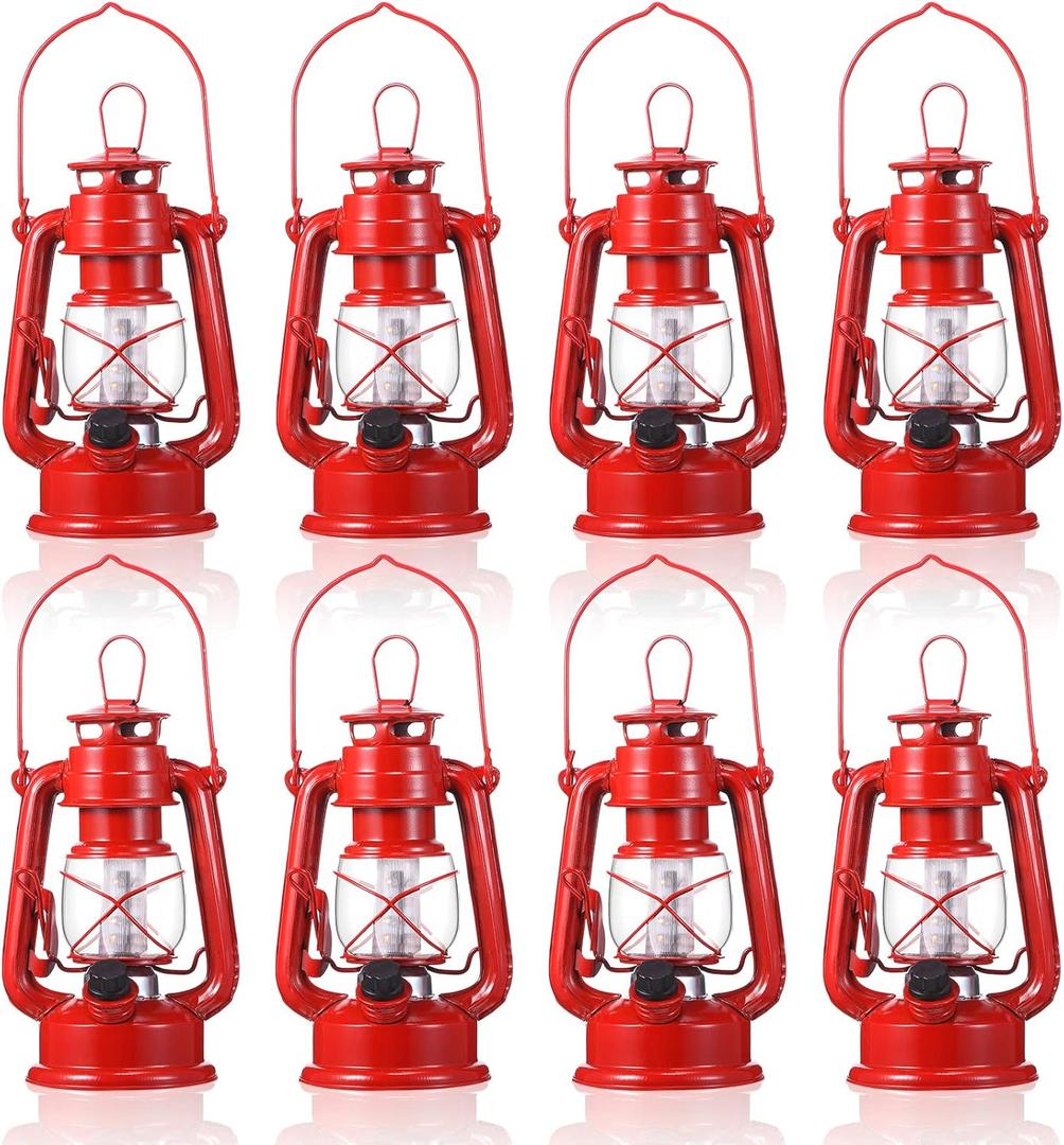 Hortsun 8 Pcs 8 Inch Vintage LED Hurricane Lantern Metal Red Outdoor Battery Operated Hanging Lantern with Warm LEDs and Dimmer Switch for Halloween Christmas Indoor Rustic Farmhouse Camping Decor