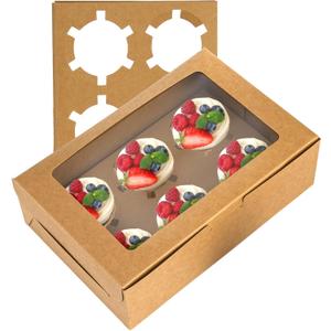 Jucoan 50 Pack Kraft Cupcake Box with Insert and Window Hold 6 Standard Cupcake, Food Grade Cupcake Carrier Container, Brown Bakery Box for Pastry, Cookies, Small Cake, Desserts Treat