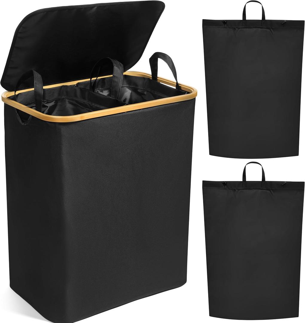Luxe Laundry Clothing Hamper - 145L XL Laundry Basket with Bamboo Lid & Removable Inner Bag for Dirty Clothes - Free Standing, Tall, Collapsible, High-Capacity & Stylish Design Basket Bin, Black (145L, Black)