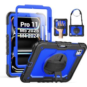 SEYMAC for iPad Pro 11 Inch Case M5 2025 / M4 2024, Heavy Duty Shockproof Protective Case with Screen Protector, 360 Rotating Stand, Hand/Shoulder Strap and Pen Holder, Blue