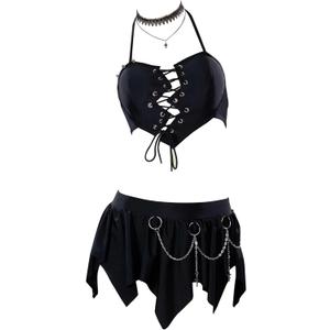 MEOWCOS Goth Bikini Halter Neck Swimsuit Broken Heart Gothic Bathing Suit (Large, Black)