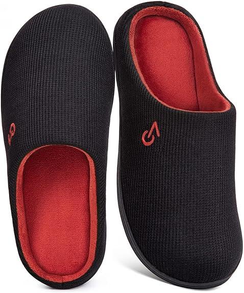 VeraCosy Men's Two-Tone Memory Foam House Slippers Indoor Outdoor Durable Rubber Sole SIZE 11-12 ( red )