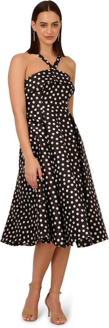 Adrianna Papell Womens Polkadot Fit and Flare Dress (8, Black/Ivory)