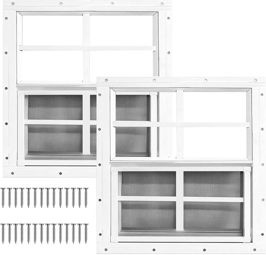 Yuzzy Shed Windows 2 Pack, Chicken Coop Windows 24" x 24" with Tempered Glass and Fiberglass Screen, Flush Mounted Small Window for Shed, Barns, Playhouse, Household, Garage (White)