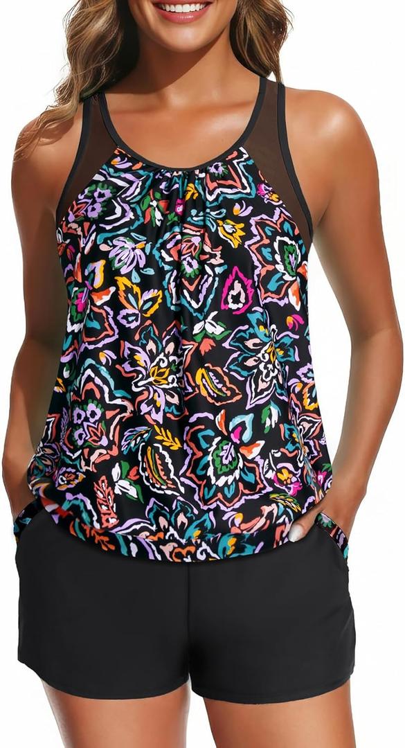 Women Blouson Tankini Swimsuit with Shorts - 2 Piece Tummy Control Bathing Suit Modest Mesh Racerback Top with Pockets 2026 (Black, L)