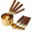 Measuring Cups and Spoons Set 4 Piece, Food-Grade Golden Nonstick with Non-Slip Wooden Handle, Engraved US/Metric Markings for Cooking Baking