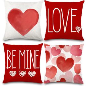 DIYDEC 4PCS Valentines Pillow Covers 18x18 Inch Red White Heart Throw Pillow Covers Valentines Day Love Be Mine Cushion Case Decor for Holiday Farmhouse Anniversary Wedding Home Sofa Couch