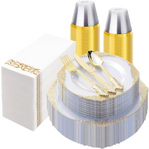 Bestluck 350PCS Clear Gold Plastic Plates for 50 Guests, Disposable Dinnerware Set Includes 100 Clear Disposable Plates, 150 Gold Silverware, 50 Cups, 50 Napkins for Party, Wedding