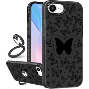 Boaretiu Cute Kawaii for iPhone 16e Case with Stand - Fashion Cool 360 Rotate Ring Holder Kickstand Black Butter Design for Women Girls Boys Teens Girly for iPhone 16e Phone Case
