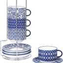 Selamica Ceramic Cappuccino Cups with Saucers and Metal Stand, 8 OZ Stackable Espresso Coffee Cups for Coffee, Latte, Americano, Tea, Set of 4, Vintage Blue