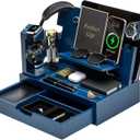 Nightstand Organizer for Men with Large Drawer, Birthday Gifts for Men, Phone Docking Station, Bedside Organizer for Nightstand for Apple Watch, Laptop (Blue, Solid Wood)