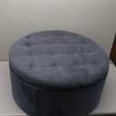 HomePop Home Decor | Button Tufted Velvet Round Storage Ottoman | Ottoman with Storage for Living Room & Bedroom, Steel Blue Velvet