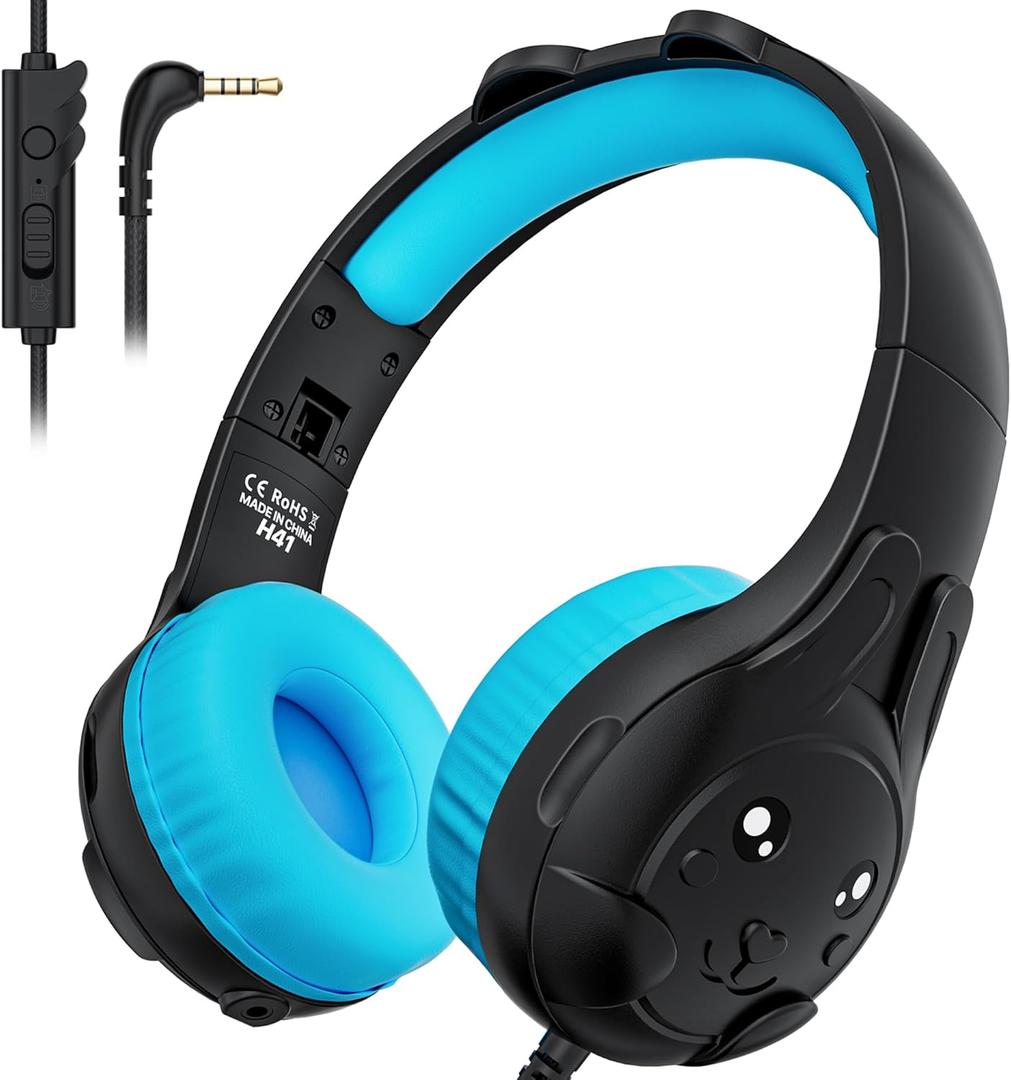 ZIUMIER Kids Headphones, with Microphone, 80/90dB Volume Limiter, Audio Sharing Port, 3.5mm Wired Toddler Headphones for School Travel (Black)