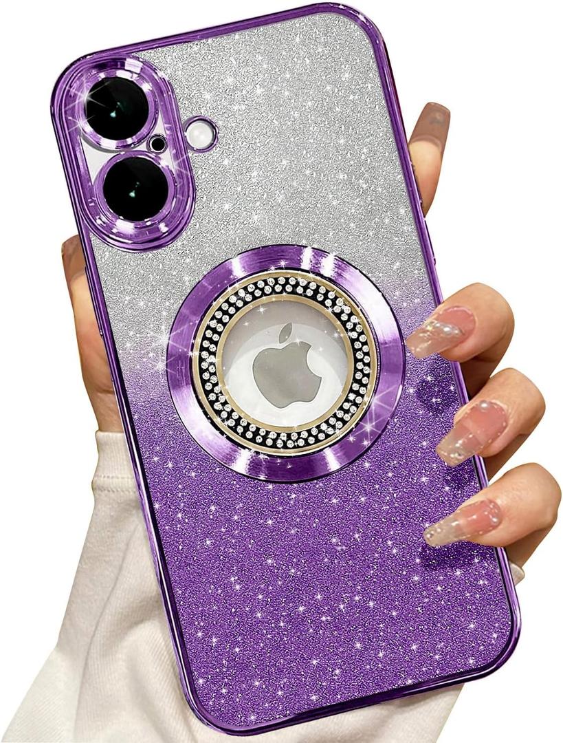 Misscase for iPhone 16 Magnetic Glitter Case Compatible with MagSafe,Full Protection Slim Shockproof Anti-Scratch Case with Camera Lens Protector Logo View Dust-Proof Net for Women Purple