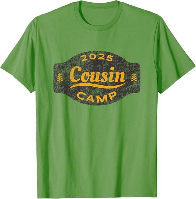 Vintage 2025 Cousin Camp Logo - Fun Summer Family Camping T-Shirt (Small, Grass Green)