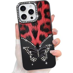 LSL Case for iPhone 15 Pro Sparkly Cute 3D Butterfly Leopard Pattern Design Glitter Diamond Camera Protection Soft Slim Cover for Women Girls Black