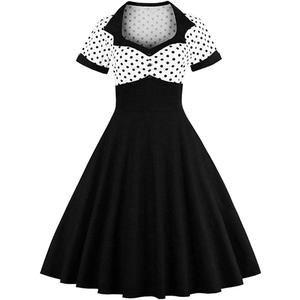 Nihsatin Vintage 1950s Retro Rockabilly Swing Dress Polka Dots Cocktail Dress with Belt (Black, XXXL)