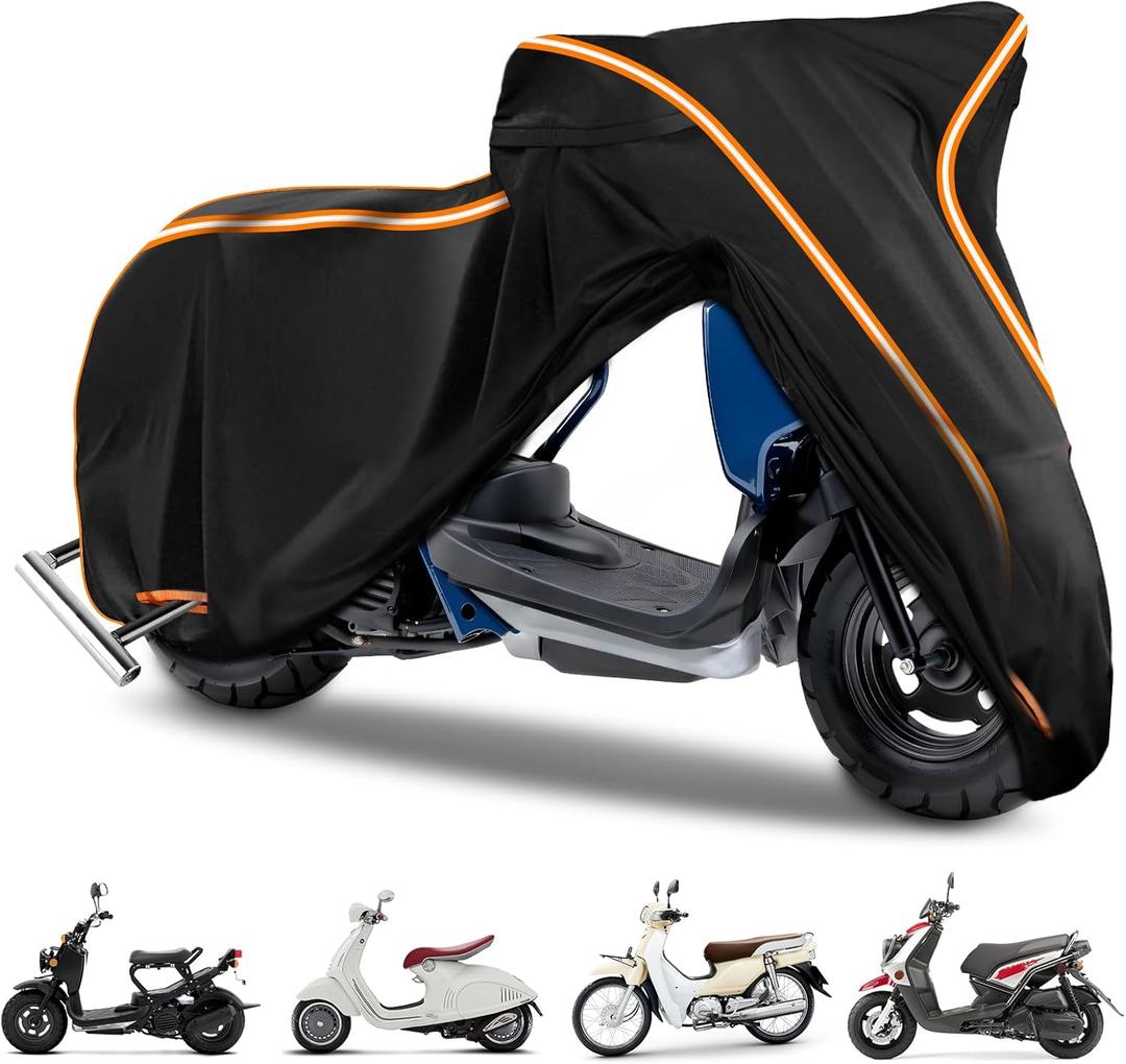 420D Motorcycle Cover for Vespa Scooters, Honda Super Cub, Yamaha Zuma 125, Honda Ruckus Outdoor Bike Cover Windproof Heavy Duty Waterproof Protection Fits up to Motorcycles with Side Boxes
