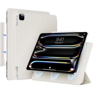 Magnetic Case for iPad Pro 13 Inch (M5/M4) 2025/2024- PU Leather Cover Compatible with Pencil Pro & USB-C | Auto Wake/Sleep, Non-Slip & Scratch-Resistant Protective Case (White Cream)