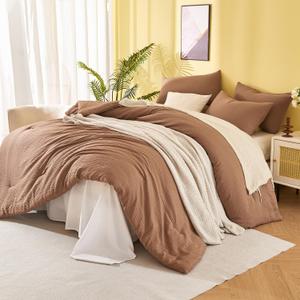 Queen Comforter Set, Double-Layer Crinkle Gauze Cocoa Brown Bed Set, 3 Pieces Soft Bedding for All-Season, Lightweight Warmth with 2 Pillowcases