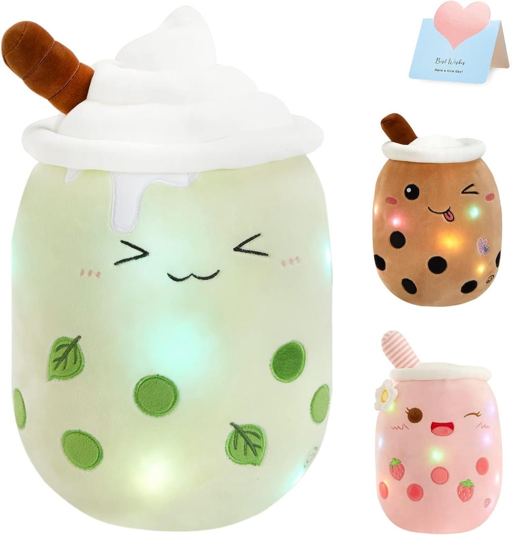 Athoinsu Light Up Matcha Boba Tea Plush Pillow 10'' Kawaii Stuffed Bubble Stuffed Animal Toy with LED Lights Birthday Christmas Holiday Valentines Gifts for Kids, Girls, Boys (Small, Green)