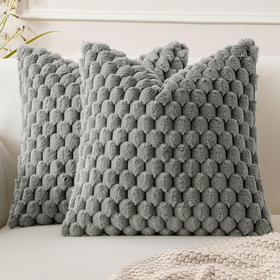 MIULEE Grey Faux Fur Decorative Throw Pillow Covers 16x16 Inch Set of 2 Super Soft Cozy Plush Cushion Cases Luxury Fluffy Pillowcases for Sofa Couch Bed Living Room