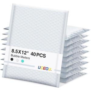 UCGOU Bubble Mailers 8.5x12 Inch 40 Pack Usable Size 8.5x11 Inch White Padded Envelopes Medium Waterproof Packaging Bags for Shipping Self Seal Strong Adhesive Envelopes for Jewelry Makeup Supplies