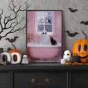 Halloween Pink Ghost Bubblebath Canvas Posters Bathroom Cute Ghost Black Cat Wall Art Goth Dark Academia Bubblebath Prints Painting For Living Room Bedroom Wall Decor 16x24in Unframed (16L" x 24W", Multi 14)