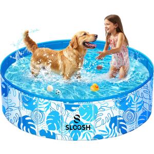 SLOOSH Foldable Dog Kiddie Pool - Portable Hard Plastic Kids Doggie Swimming Pool, Anti-Slip Thick PVC Collapsible Pets Cats Whelping Box Puppy Bathtub (48" x 12")