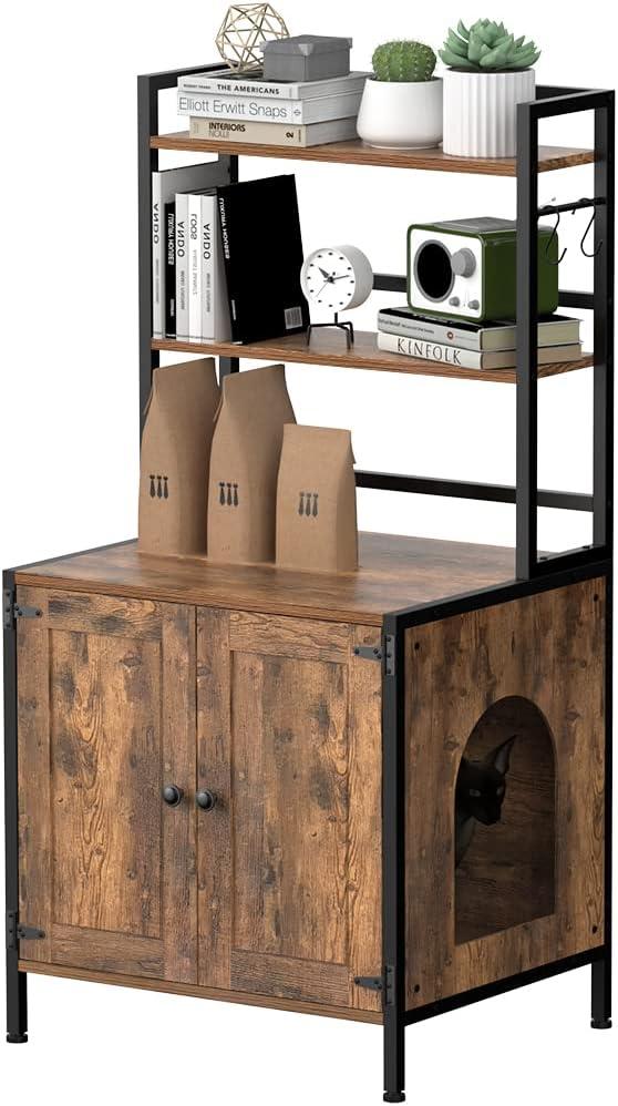 Tohomeor Litter Box Enclosure with Shelves and Doors Vintage Wooden Hidden Cat Litter Box Furniture Industrial Indoor Cat House Washroom Pet Crate Storage Cabinet (Rustic Brown)