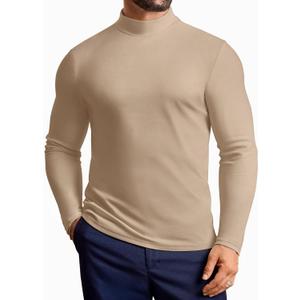 Vssjavun Mens Mock Turtleneck Long Sleeve Shirts Casual Slim Fit Undershirt Lightweight T-Shirt for Outdoor & Business (Beige, L)
