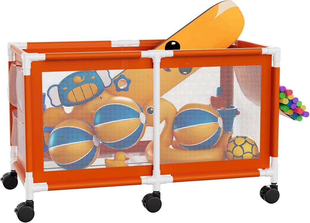 Jotesnew 280 Gallon 69" L Extra Large Swimming Pool Storage Bin, Pool Noodles Holder, Toys, Floats, Balls and Floats Equipment Mesh Rolling Storage Organizer Bin, 69" Lx32 Wx35 H (Orange)