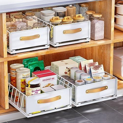 2PCS Pull out Cabinet Organizer,Heavy Duty Slide out Pantry Shelves Drawer Storage with Adhesive Nano Film,Sliding Mesh Cabinet Basket with Handle for Kitchen, Bathroom, Home, 9.8"W X 15.7"D X 6.2"H,White