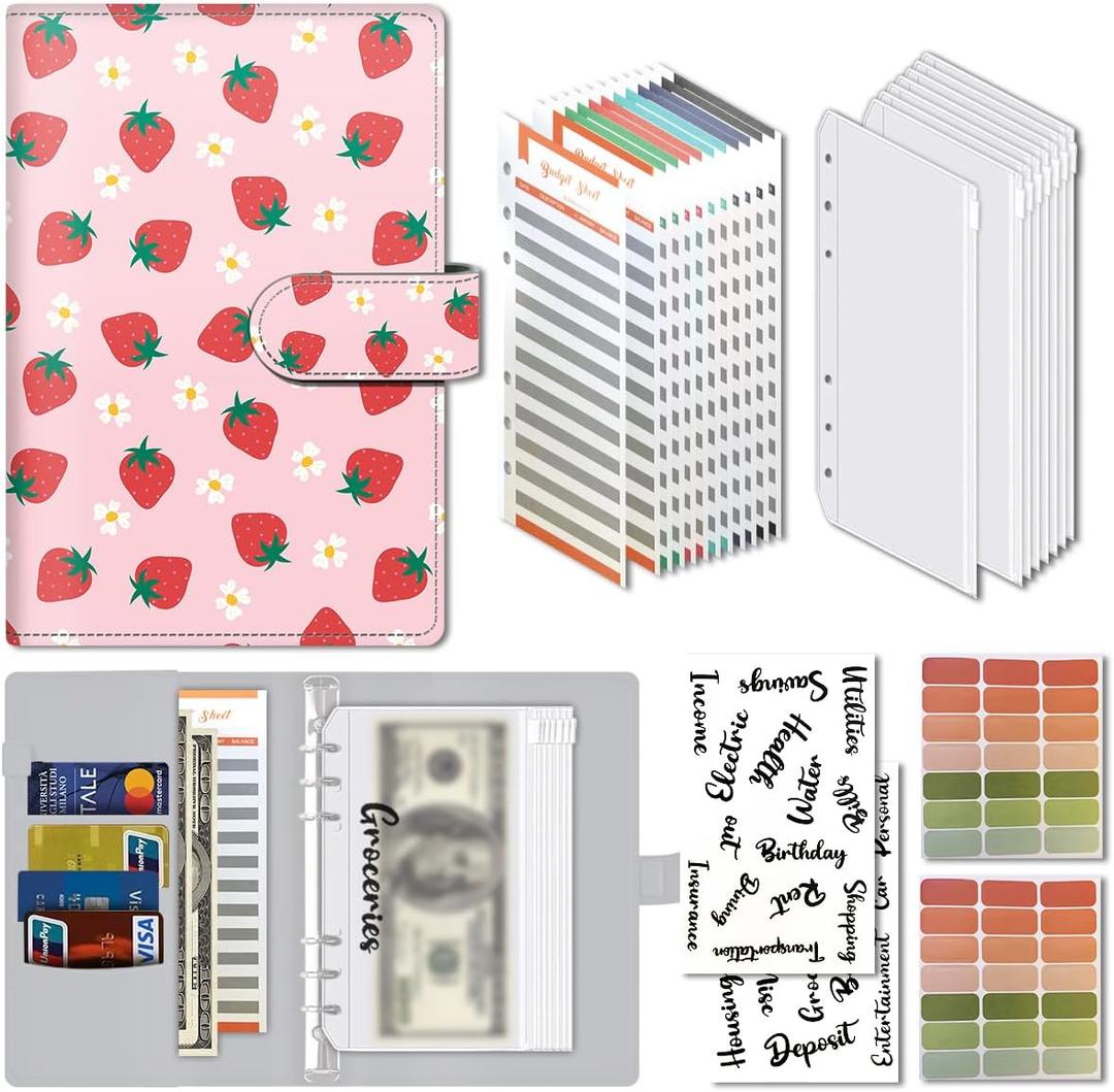 Budget Binder, Cute A6 Money Saving Binder with Zipper Envelopes, PU Leather Money Organizer for Cash, Expense Budget Sheets and Cash Envelopes for Budgeting Mini Strawberry Pattern