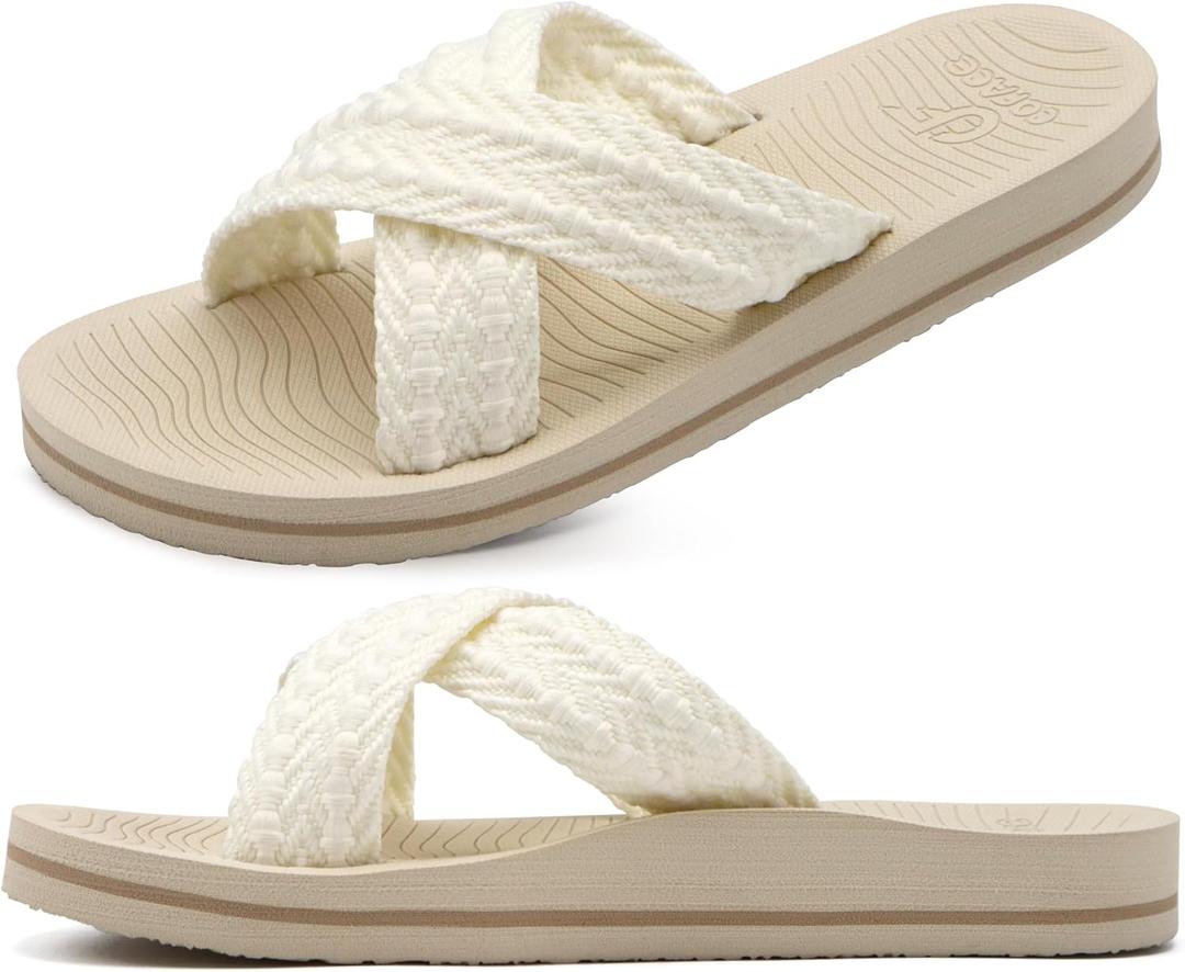 COFACE Womens Orthopedic Sandals Comfortable Orthotic Soft Cushion Recovery Plantar Fasciitis Walking Slip On Ladies Cloud Cross Slides for Woman (10, Beige)