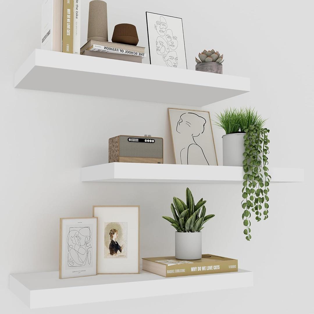 White Floating Shelves for Wall Set of 3, 16" White Wall Shelves for Home Decor, Frame Display Wall Mounted Floating Shelf for Living Room, Bedroom, Bathroom, Kitchen
