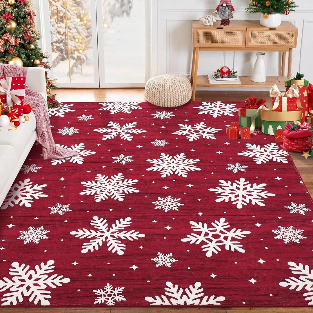 GarveeHome Christmas Area Rugs 4x6 Snowflake Washable Rugs for Living Room Non-Slip Soft Bedroom Rugs Low Pile No-Shedding Indoor Xmas Decorative Rug for Kitchen Entrance Bedroom Nursery, Red