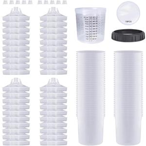 Disposable Paint Cups for Automotive Paint Guns, HVLP Paint Spray Gun 20 oz(600 ml) Kit with 70 Detachable Filters and Cup Liners, 40 Lids, 1 Hard Cup with Fixed Ring and 10 Plugs