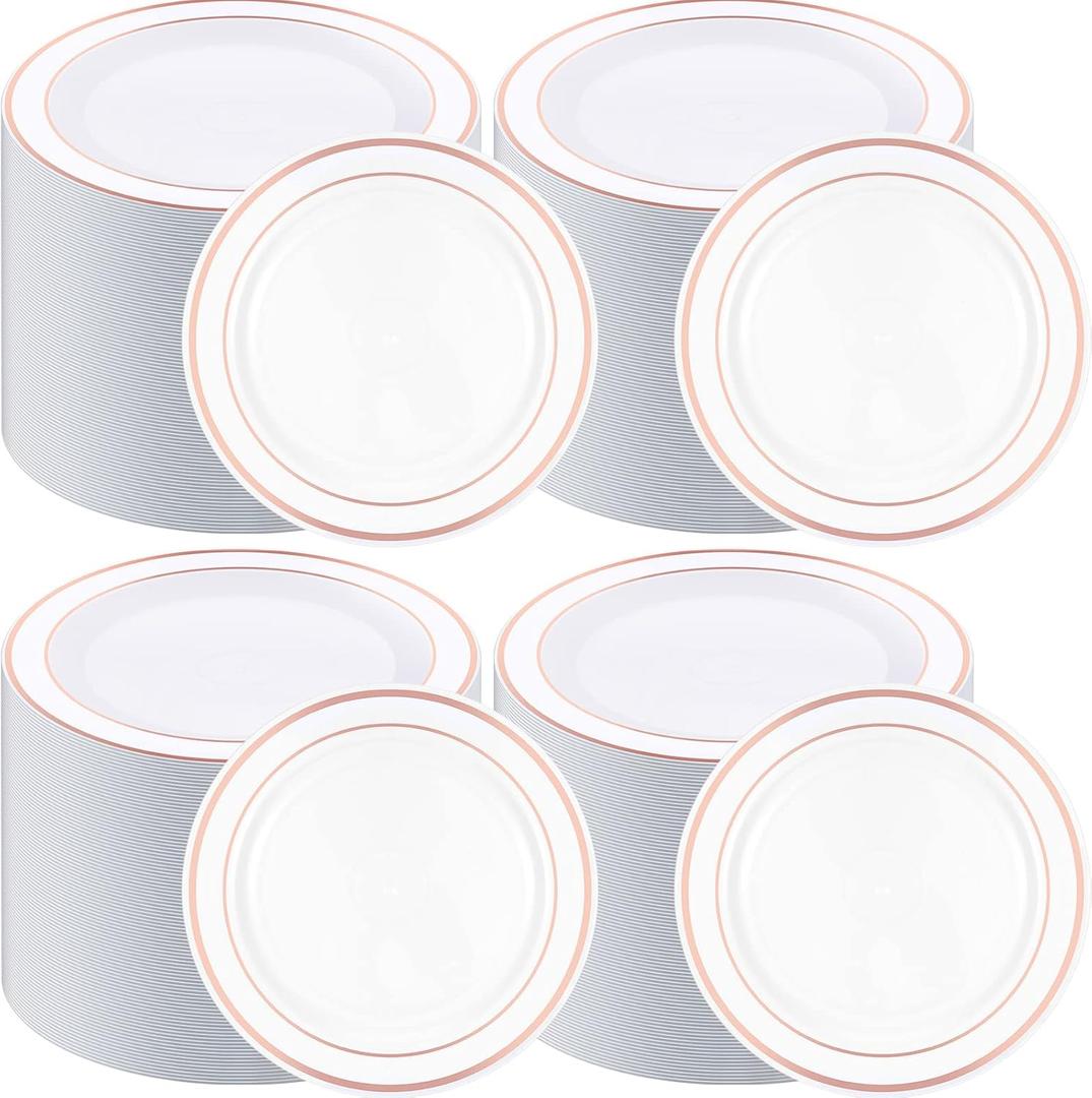 200 Pieces Disposable Plates Plastic Party Plates with Rim Hard Plastic Appetizer Salad Dessert 7.5 Inch Elegant Heavy Duty Tableware for Dinner Wedding Party Supplies(Rose Gold Rim)