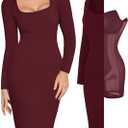 Popilush Long Sleeve Midi Dress Bodycon Party Dress Shapewear Tummy Control Cocktail Dresses Built-in Bra (Large, Nut Red Midi Dress)